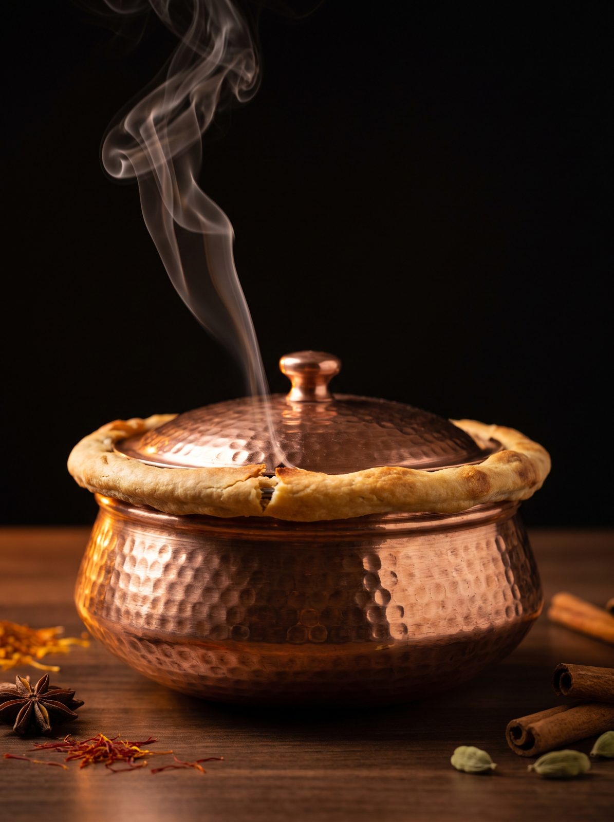 Copper handi of Hyderabadi dum biryani sealed with dough, steam rising